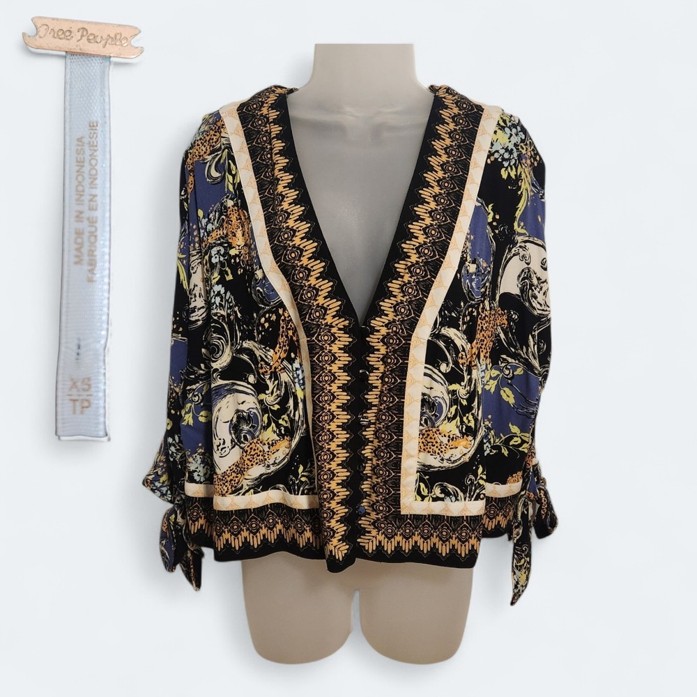 FREE PEOPLE Catch Me If You Can Top Blouse XS Blue Black Yellow Tie Bow Sleeve